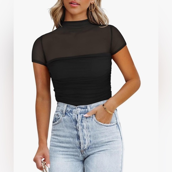 REORIA Women's Sexy Mock Neck Short Sleeve Sheer Ruched Bodysuit- Size L- BNWT - Picture 2 of 10